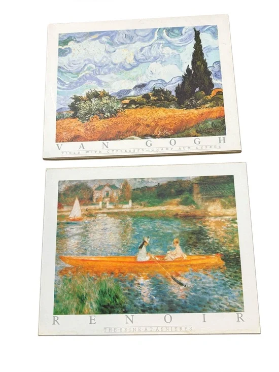 Two small Art Prints Van Gogh Wheat Field with Cypresses and Renoir Ladies Boat