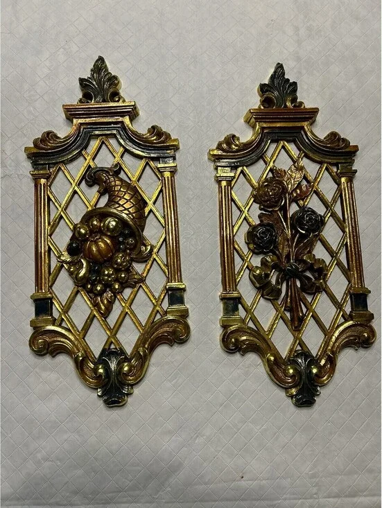 Vintage Set 2 Gold Wall Plaques Flowers Cornucopia Syroco Dart Industries 1971
