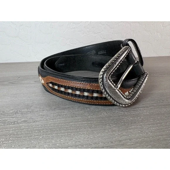 Justin Men's Black‎ Brown Leather Western Belt- Silver Concho- SIze 34