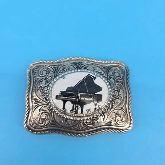Vintage Western Belt Buckle Silver‎ Tone Ornate Scroll Grand Piano