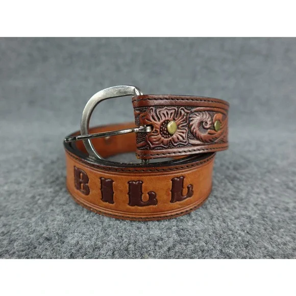 Custom‎ Leather Belt Bill Hand Tooled Western Cowboy Style Silver Buckle