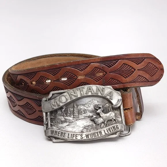 1983 Siskiyou Belt Buckle Montana Elk Deer Hunting Tooled Leather Size‎ 34-36