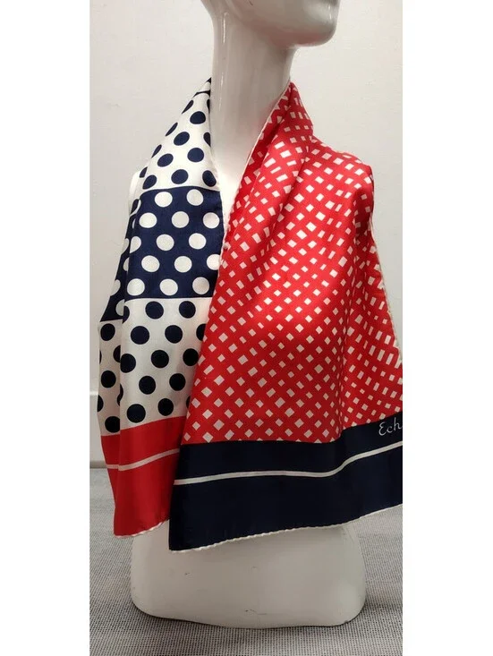 Vinage 1960s White DOTS Echo All Silk Scarf Red Orange White & Blue Polka Dots