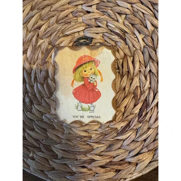 Vintage 1973 Paula-Cutes Youre Special Wood Plaque Girl with Kitten 70s Decor