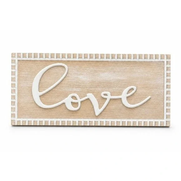 Rustic Wood Love Wall Sign Farmhouse Cursive Script Plaque White‎ Natural 16x7