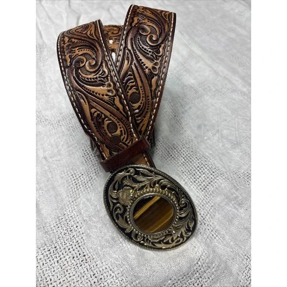 Tiger Eye Brass Tone Brown Belt  Men Ladies Leather Embossing Western Cowboy