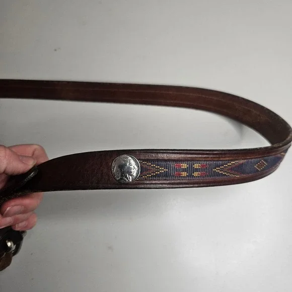 Trafalgar Mens Brown Leather Belt Buffalo Nickel Southwestern‎ Woven Inlay 42