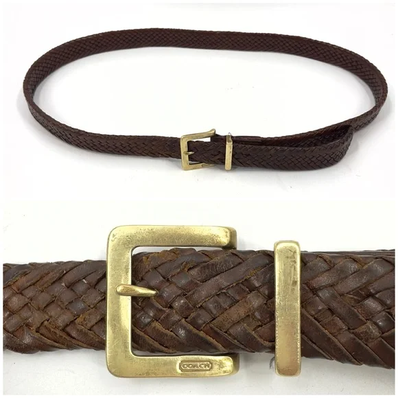 Coach Brown Leather Belt Mens 42 Woven Braided Classic Logo Brass Buckle Brown