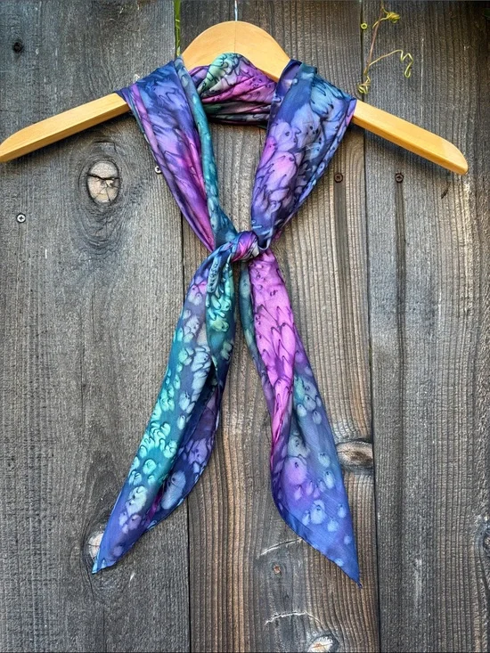 100% Silk Hand Dyed Art to Wear Sheer Neck Scarf Purple Turquoise & Navy Soft!