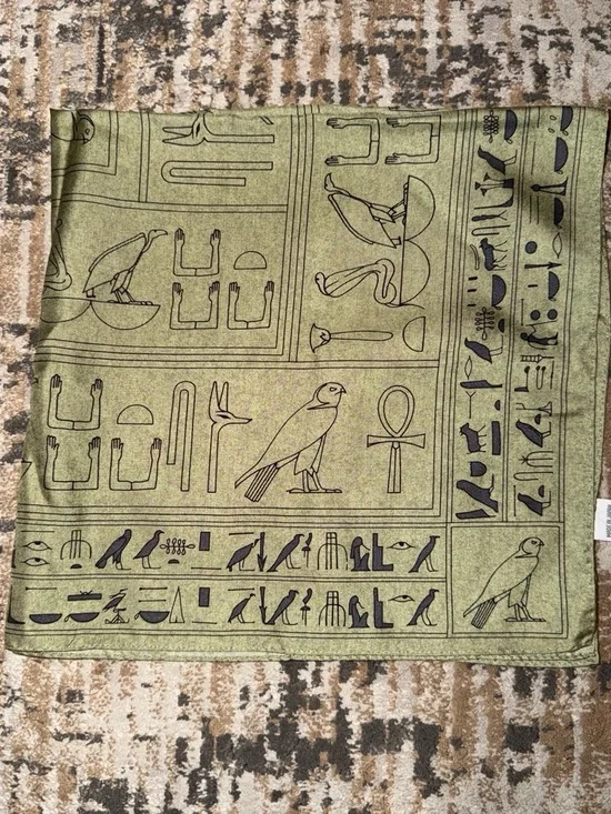Egyptian Hieroglyph Print Lightweight Scarf in Olive Green