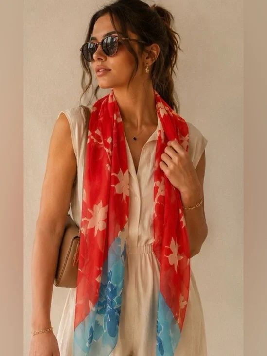 The Met Museum Exclusive 100% Silk Floral Scarf Red Blue Made in Japan Rare