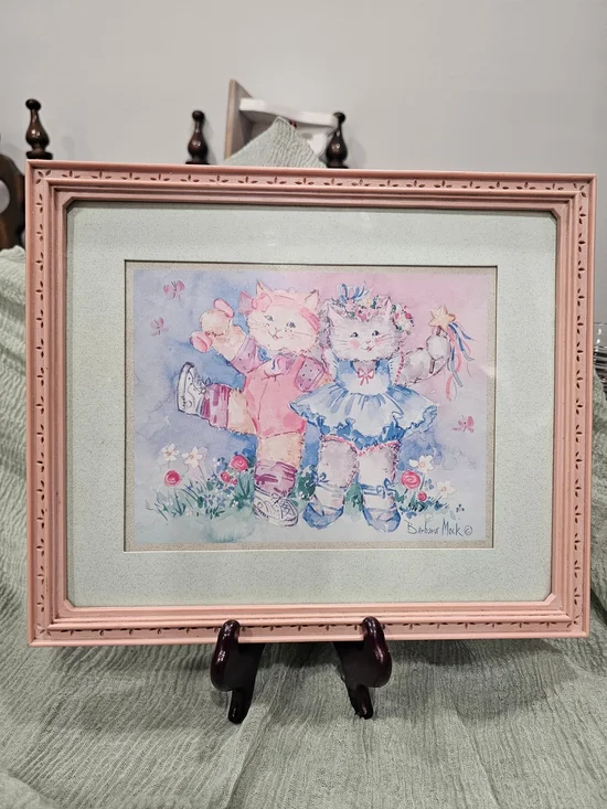 Barbara Mock Ballerina & Fitness Kitty Cats Print Matted Pink Frame HOMCO Home
