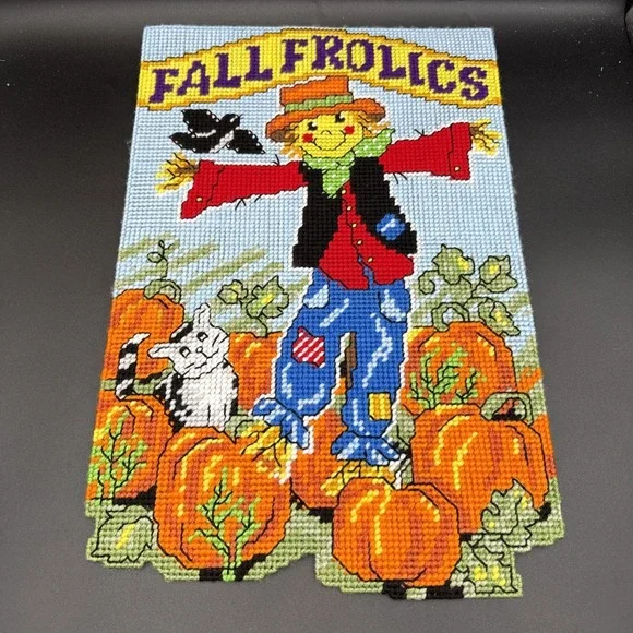 Plastic Canvas Fall Wall Decor Completed Scarecrow Pumpkins 12 X 18