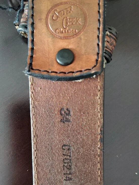 Men's Brown Tooled Leather Western Belt with Decorative Silver Buckle