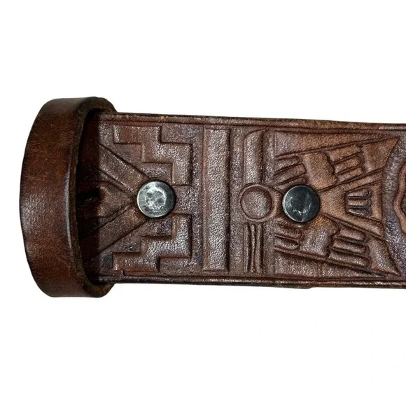 Western Men's Leather Tooled American Indian Headdress Detail‎ No Buckle Belt