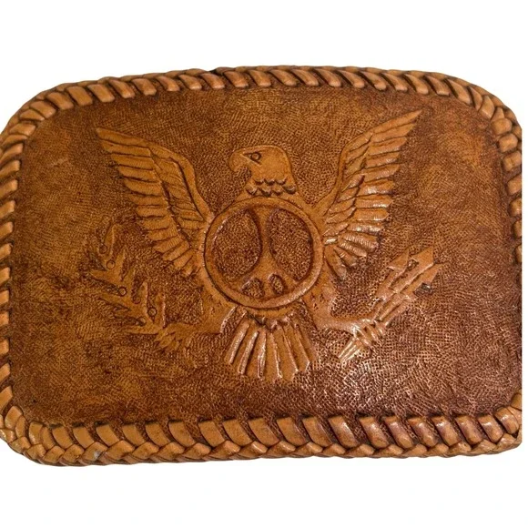1960s Handmade Leather Belt Eagle Peace Sign Tooled Brown Western Hippie Boho‎