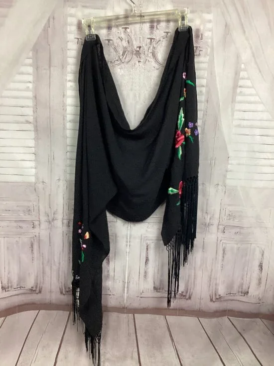 Sue Wong Scarf Black Silk Shawl Cover Up Wrap Embroidered Rose Fringe NWT