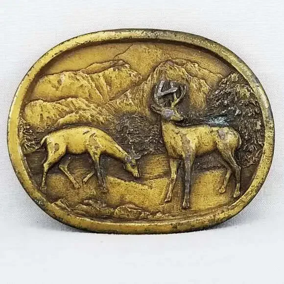 Vintage Indiana Metal Craft Deer Buck Belt‎ Buckle Wildlife Nature Scene