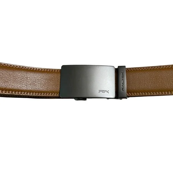 Railtek Men Tan Brown Leather Ratchet Belt Automatic Buckle Holeless Adjustable