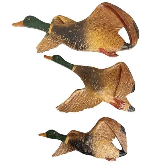 Vintage 1980 Mallard Duck Wall Decor Set 3 Brown Good Rustic Cabin Lodge Flight