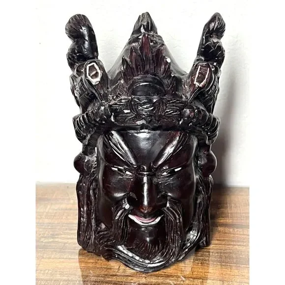 Vintage Chinese Hand-Carved Wood Wall Mask Guan Yu Guan Gong God War Dragon 10”