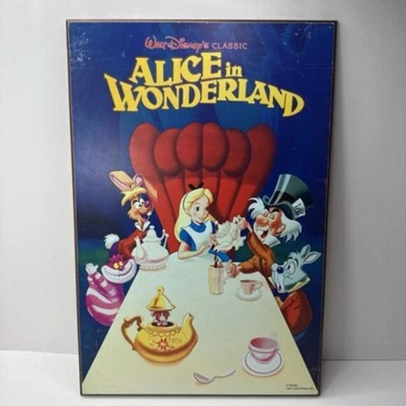 Rare Disney Alice In Wonderland Hanging Wooden Movie Wall Art Decor Tea Party HL