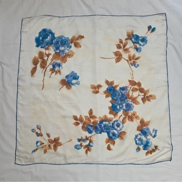 Vintage Acetate Blue Roses Made in Japan Square Scarf