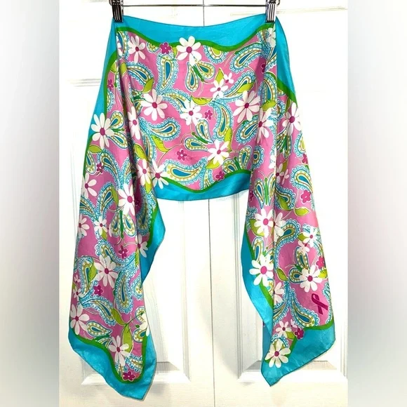 Lilly Pulitzer for Ford Silk Scarf Paisley Floral Pink Blue BCA