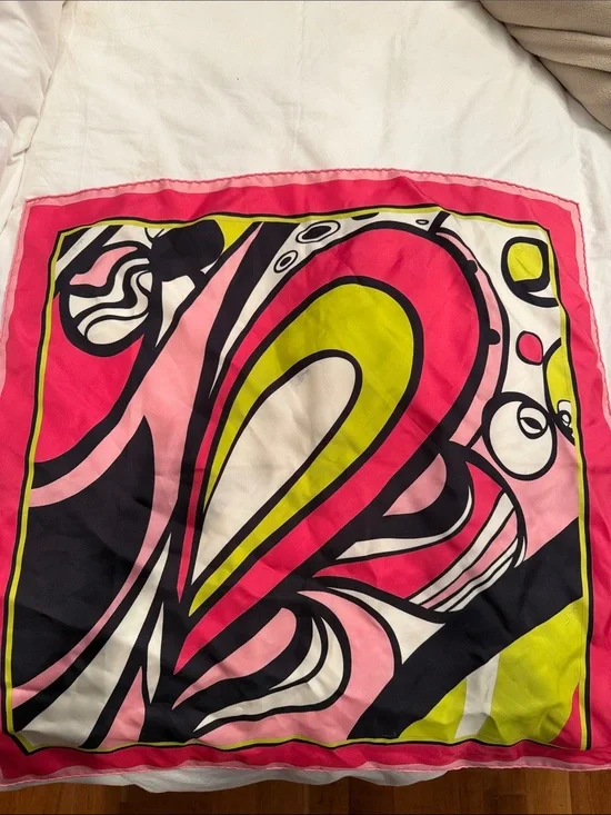 Emilio Pucci Vibrant Pink, Black & Yellow Silk Scarf.   Pristine Condition.  22