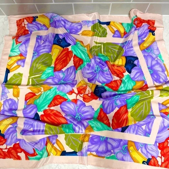 Tropical Print Square Silky Scarf Wrap Pink Pastel Neon