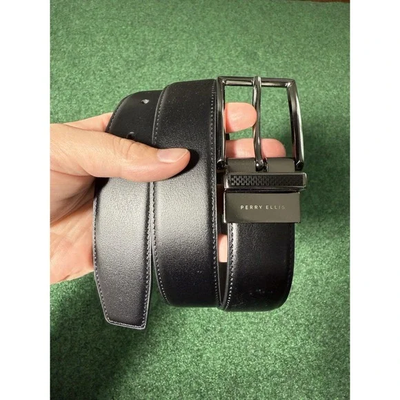 PERRY ELLIS Mens Belt Size 42 Black Brown‎ Bonded Leather Reversible