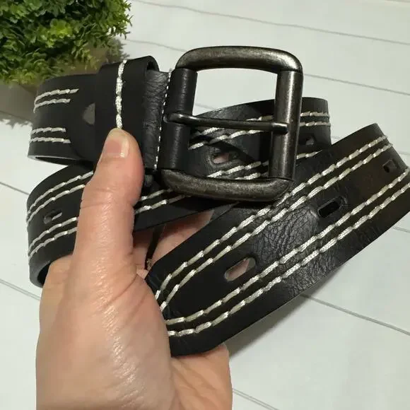 Genuine Leather Black White Contrast Stitching Belt Mens Size‎ Medium
