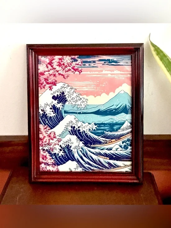 The Great Wave Cherry Blossom Trees Canvas Art Print Red Wood Framed Art Japan