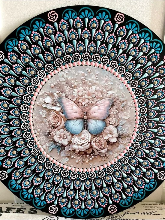 Hand-Painted Pink & Blue Butterfly Floral Wall Art on 16 inch wood round