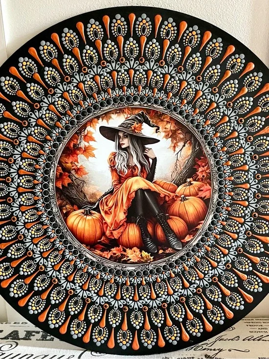 Autumn Witch Pumpkin Mandala Wall Decor - Orange & Black 16 inches