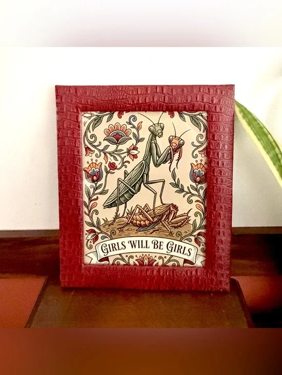 Girls Will Be Girls Praying Mantis Canvas Art Print Red Croc Faux Leather Framed