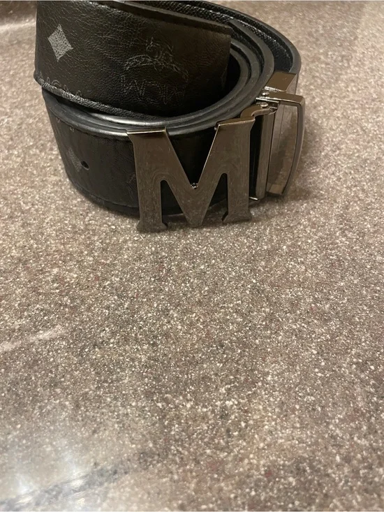MCM Black Leather Belt with Silver 'M' Buckle