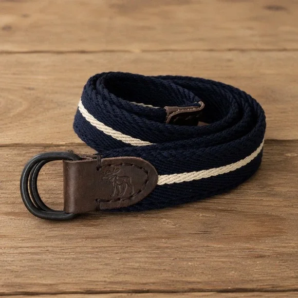 Abercrombie Fitch Y2K Moose Logo Striped Woven D-Ring Belt Mens Navy Blue Leathe