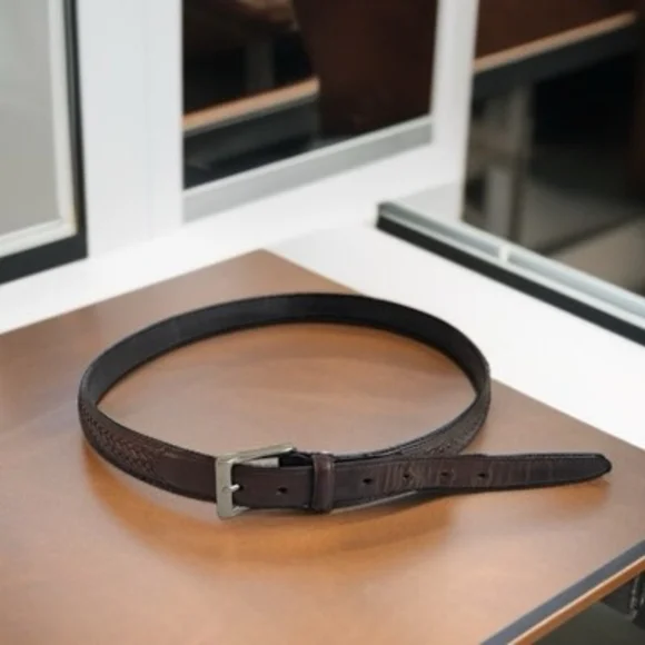 Mens Braid Weave Brown Genuine Cowhide Leather Silver Solid Square Buckle XL VG