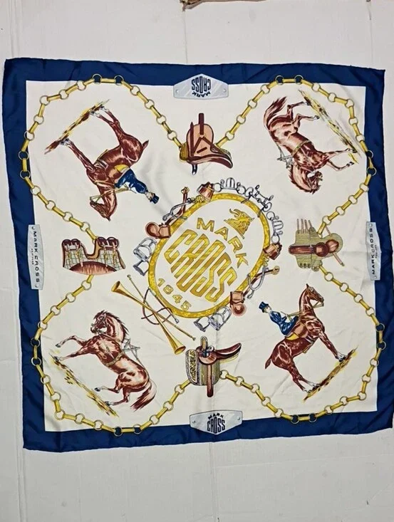 ❤️VINTAGE MARK CROSS EQUESTRIAN HORSEBIT THEME Silk Piano Shawl Scarf 31x31
