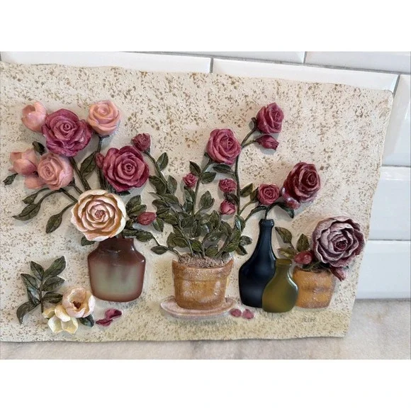 VINTAGE HANDMADE CHERI BLUM ART *** 3D FLORAL WALL DECORATION PLAQUE ES008