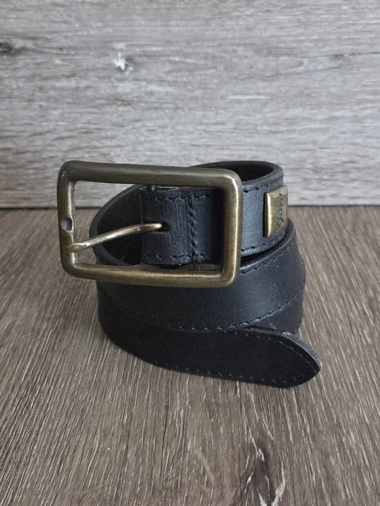 GUESS Men's Black Leather Belt with Antique Brass Buckle - 35