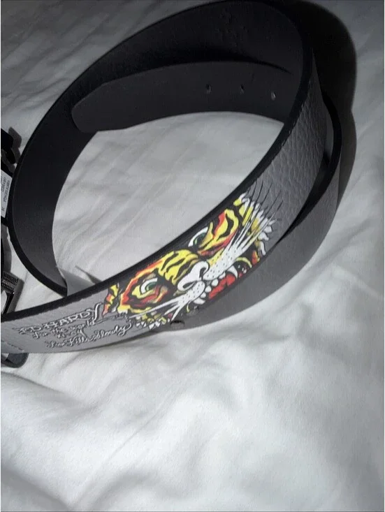 Ed Hardy Tiger Studded Belt Gray/Black Size 36 New with Tags