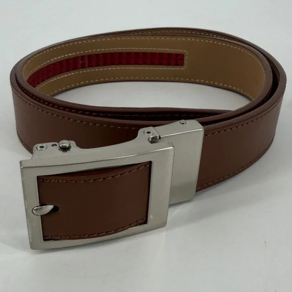 Nexbelt Mens Brown Leather Ratchet Belt No Holes Silver Buckle 30 Inch Cut Size