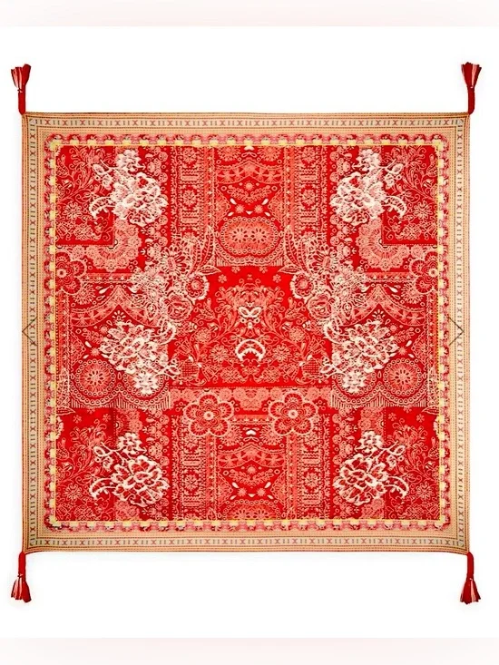 NEW Johnny Was Red Lace Silk Scarf Braided Tassels Red Cream Large 44