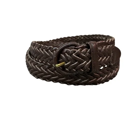 Mens Bonded Leather Braided Belt Dark Brown Woven Adjustable Size 42
