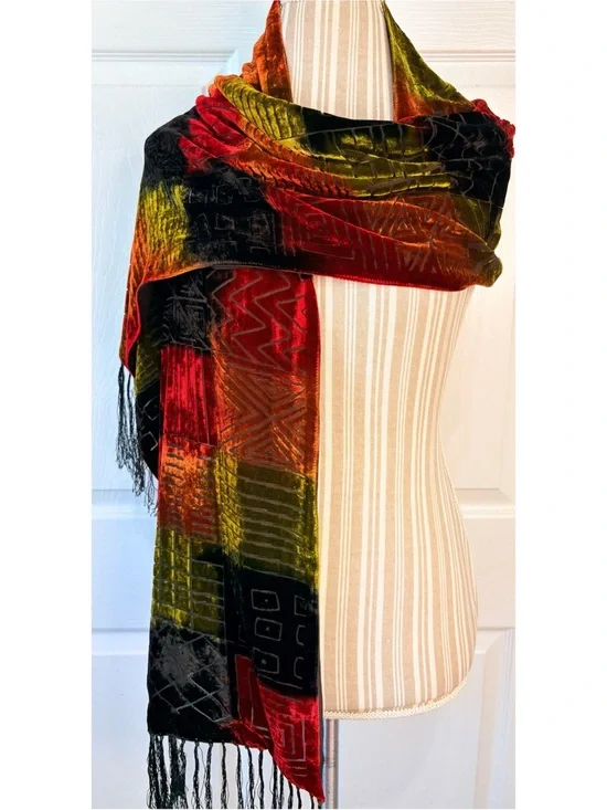 Chico’s Silk Velvet Burnout Scarf Multicolor Geometric Fringe Boho Whimsygoth