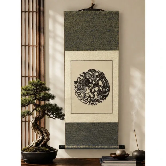 Vintage Chinese Wall Scroll Dragon and Phoenix Paper Cut Art Silk Fabric Decor