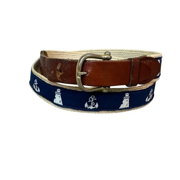 Nautical Anchor Lighthouse Ribbon Belt Brown Leather Brass Buckle Navy Cream