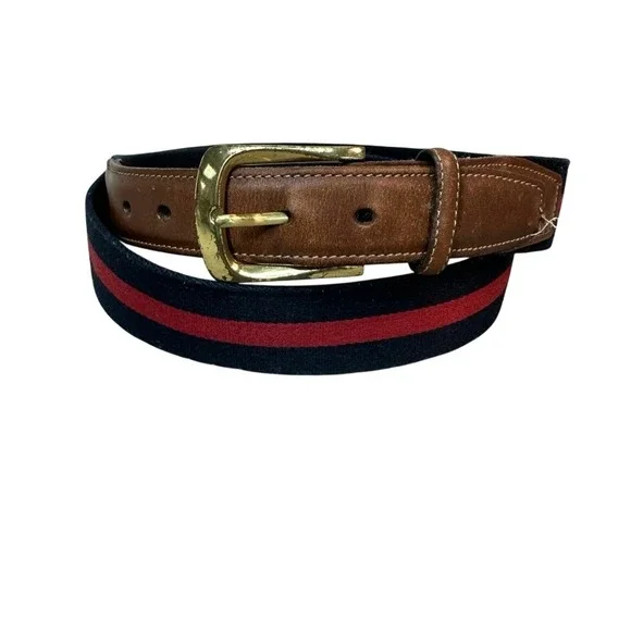 Vintage Surcingle Belt Navy Red Stripe Brown Leather Brass Buckle 51 Inch